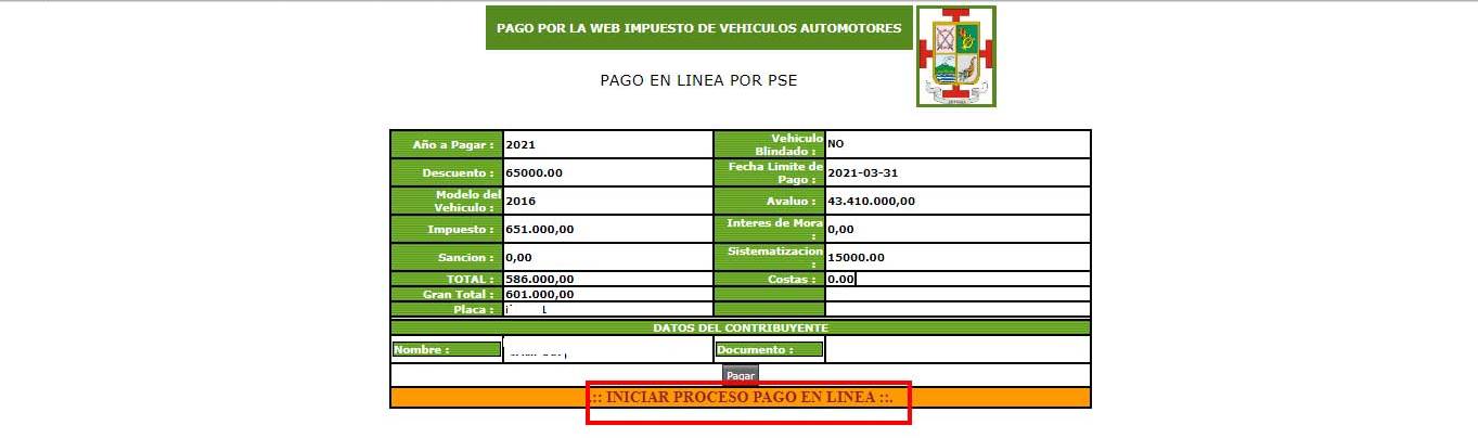 Iniciar Proceso Pago PSE Impuesto Vehicular Cauca