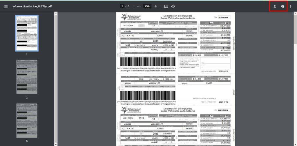 Documento PDF Liquidar Impuesto Vehicular Nariño