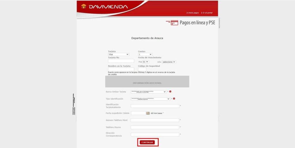 datos tarjeta pago online impueto vehicular Arauca