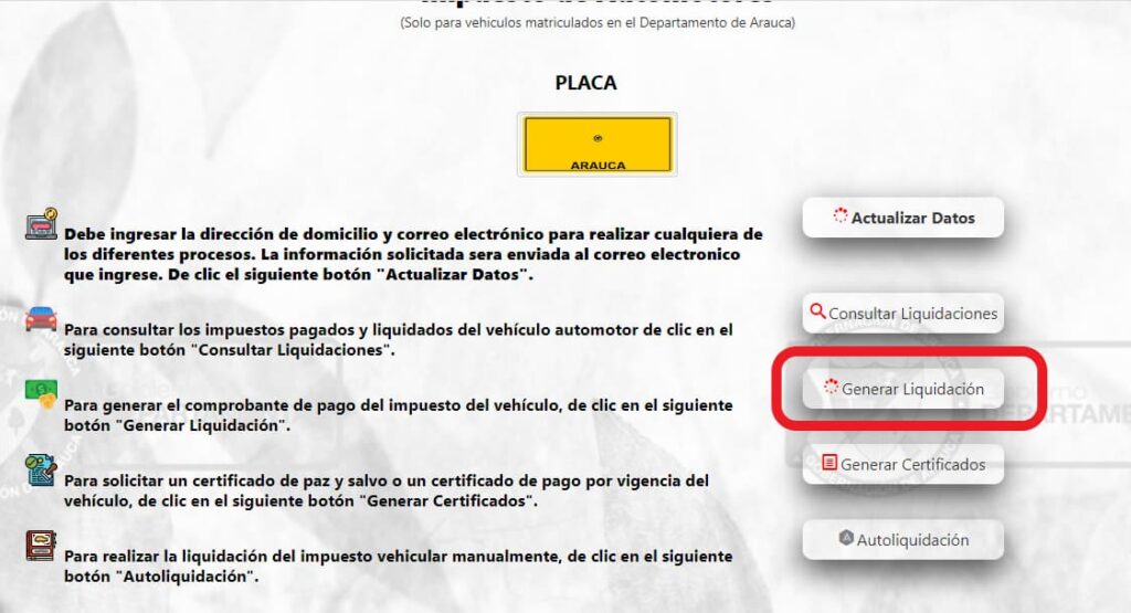 generar comprobante pago liquidación vehicular arauca
